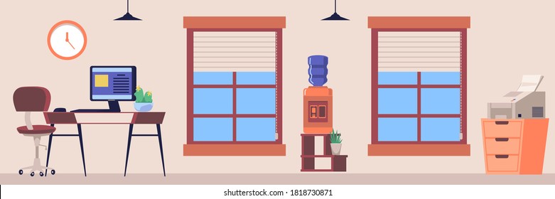 Interior de oficina moderno vacío equipado con mobiliario y electrodomésticos, ilustración vectorial plana. Lugares de trabajo de los empleados de la empresa en el espacio de oficinas.