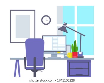 Empty modern office interior. Vector image. Workplace in office with windowю Desk with computer, chair, lamp, books and document papers. Home office