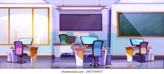 Empty modern office space, computer class, classroom, modern business workplace, room for coworking or studying. Featuring desks with monitors and a chalkboard on light background. Vector illustration