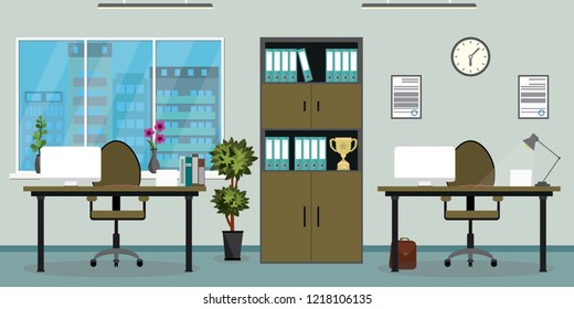 Empty modern office with two workplaces, room with furniture, flat vector illustration