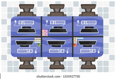 Empty modern office workspace for six person with computer and stationery vector illustration and design. Office workplace concept element. Can be used for web, mobile, infographic, and print.
