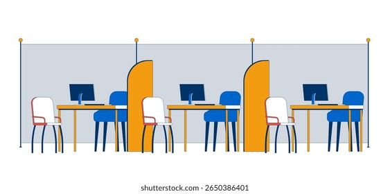Empty modern office workstations with dividers 2D vector illustration. Bank interior cubicles. Organized desks with chairs, computers flat scene isolated on white background. Colorful cartoon image