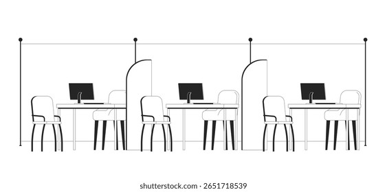 Esvazie as estações de trabalho modernas do escritório com a ilustração do esboço dos divisores. Cubículos interiores de banco. Organizou mesas com cadeiras, computadores cena de linha 2D isolado no branco. Imagem linear de tinta vetorial monocromática
