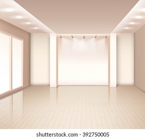 Empty  modern room interior with french windows illumination at ceiling in pale rose color vector illustration 