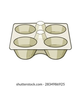Empty molded pulp fiber egg carton holder packaging four eggs, isolated on a white background, concept of recycling, sustainable packaging, and consumer goods