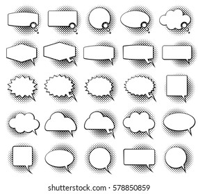 Empty monochrome speech comic text bubbles with halftone dot shadow effect vector set