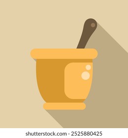 Empty mortar and pestle is sitting on a tabletop with a long shadow behind