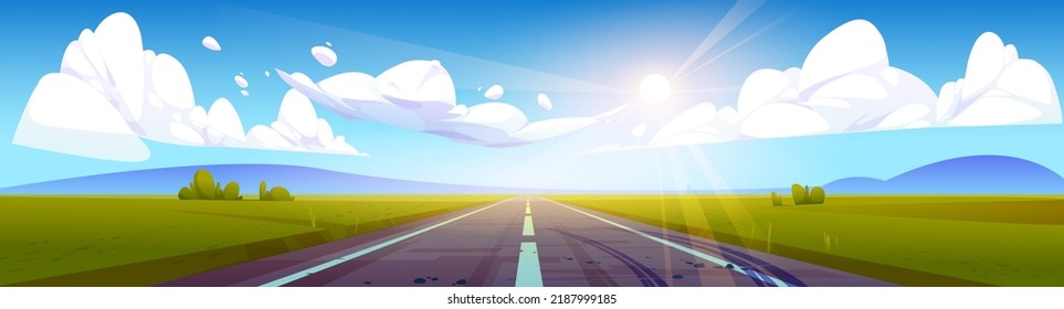 Empty motor road and green field landscape cartoon illustration. Vector image of bright sun shining in blue sky with fluffy white clouds. Beautiful summer countryside view. Way to future success