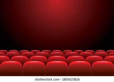 Empty movie theater auditorium with red seats on a dark background. Cinema hall interior vector illustration. Interior auditorium hall theater and cinema