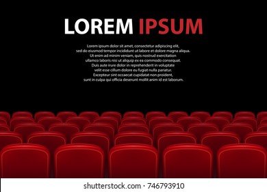 Empty movie theater auditorium with red seats. Rows of red cinema seats with black screen with sample text background. Vector illustration.