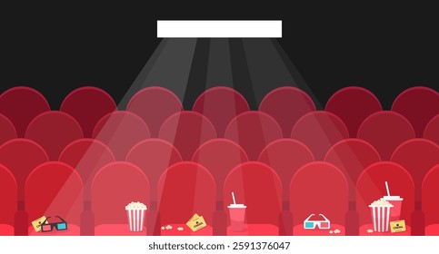 Empty movie theater hall template with red chairs and spotlight. Movie theater seats with popcorn, soda, 3d glasses and cinema tickets on it