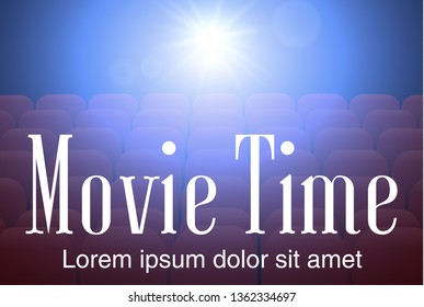 Empty movie theater with projection light falling into the lens and empty seats, Movie time. Vector Illustration