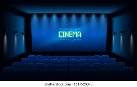 Empty movie theatre. Dark cinema hall with with blue screen. Modern movies theater for festivals and films presentation. Interior design. Online Cinema concept. Vector illustration.