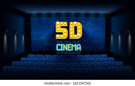 Empty Movie Theatre. Dark Cinema Hall With Blue Screen And 5d Virtual Reality. Modern Movies Theater For Festivals And Films Presentation. Interior Design. Online Cinema Concept. Vector Illustration.
