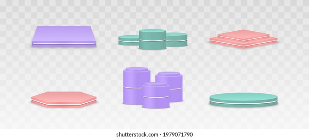 Empty multicolored podiums. Platform for award ceremony and product presentation. Pedestal for winners.