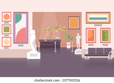 Empty museum room hall with paintings and ancient statue. Historical composition exhibition concept. Vector flat graphic design illustration