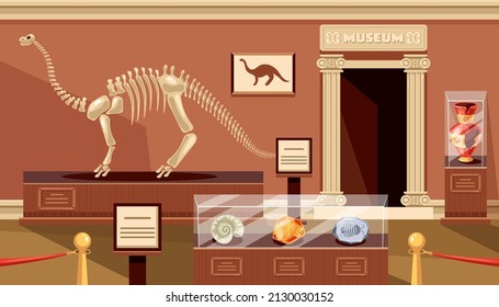 Empty museum room with skeleton dinosaur exhibit concept. Vector flat cartoon graphic design illustration
