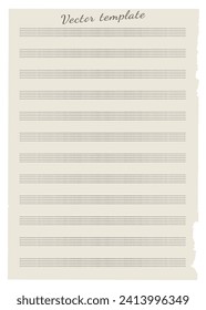 Empty music notebook sheet in a ruler for recording notes. Vector template of five-line staff without key.  Music page. Music notation elements for design.