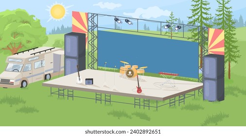 Empty musical stage with music instrument prepared in park for open air rock punk party festival and band performance vector illustration
