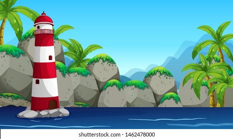 Ilustración del paisaje costero marino de la playa de naturaleza vacía