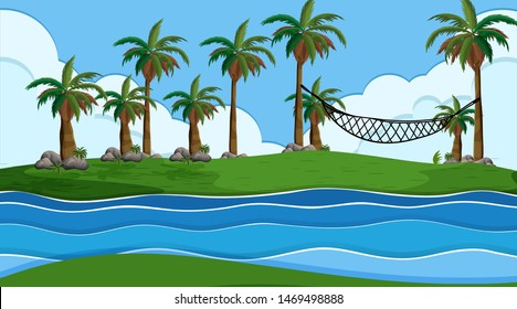 Ilustración del paisaje costero marino de la playa de naturaleza vacía