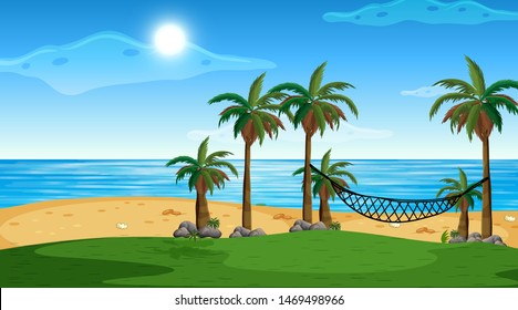 Ilustración del paisaje costero marino de la playa de naturaleza vacía