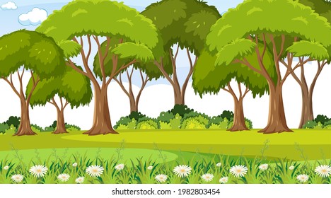 Escena de parque natural vacío con muchas ilustraciones arbóreas