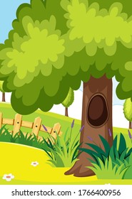 Empty nature scenes with big tree and fence illustration