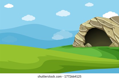 Escenas de naturaleza vacías con prado verde y caverna de piedra y cielos azul en blanco