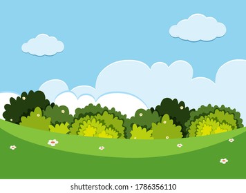 Escenas de naturaleza vacías con prado verde e ilustración de cielo azul en blanco