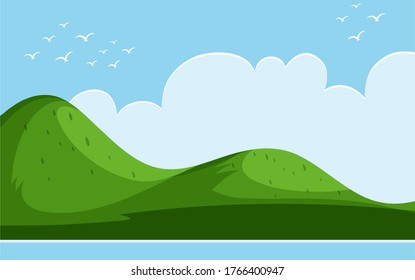 Empty nature scenes with green mountain and blank sky illustration