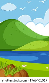Empty nature scenes with green mountain and blank sky illustration