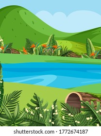 Escenas de naturaleza vacías con ilustraciones verdes de montañas y ríos