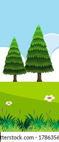 Escenas de naturaleza vacías con pinos verdes con ilustración en blanco
