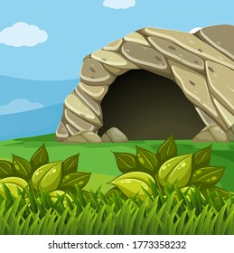 Empty nature scenes with stone cave in the meadow illustration