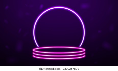 Un podio vacío de neón sobre un fondo morado. Brillante plataforma 3D.