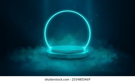 Empty neon podium for your product with glowing neon circle or ring. Technological platform.Stage with bright light in digital futuristic background. Vector illustration
