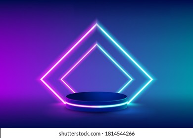 Empty neon stage for product replacement with futuristic rectangle blue and pink neon light background. vector illustration