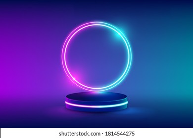 Empty neon stage for product replacement with futuristic circles blue and pink neon light background. vector illustration