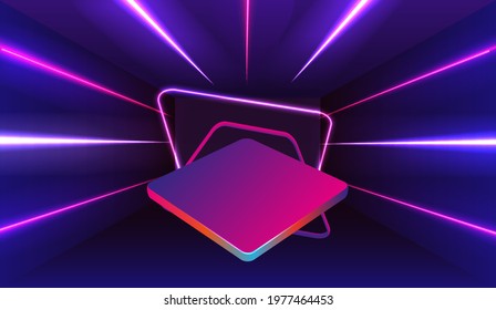 Empty neon stage for product replacement with futuristic rectangle blue and pink neon light background. vector illustration