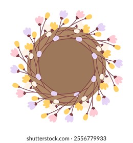 Empty nest colorful blossom twigs decorated in trendy spring shades. Copy space Template design idea