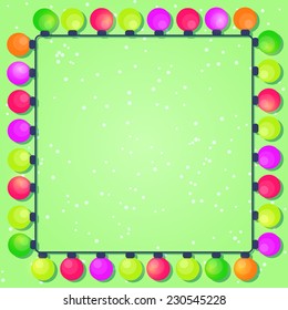 Empty New Year and Christmas Light Bulbs Frame on Snow Background