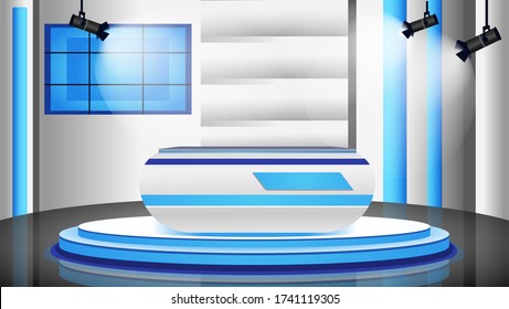 Empty News Studio Flat Color Vector Illustration. Professional News Channel Room 2D Cartoon Interior With Decorations On Background. Newsreader Workplace, Newscaster Desk In Spotlights With No People