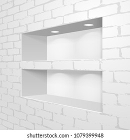 Empty Niche Shelf Display In The Wall. Present Your Product. Mock Up, Template. Illustration Isolated On White Background. Ready For Your Design. Advertising. Vector EPS10