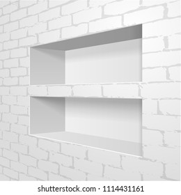 Empty Niche Shelf Display In The Wall. Present Your Product. Mock Up, Template. Illustration Isolated On White Background. Ready For Your Design. Advertising. Vector EPS10