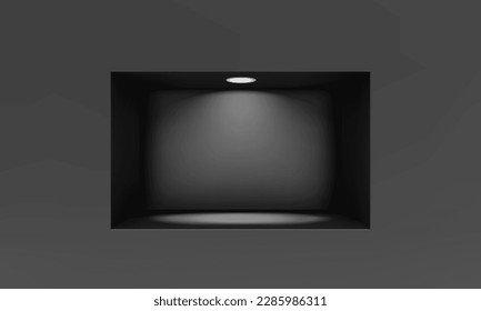 Empty niche or shelf on black wall with led light 3D mockup. Shop, gallery plastic or wooden showcase to present product. Blank retail storage space. Interior design furniture. Living room bookshelf