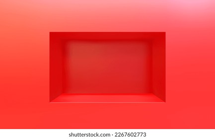 Nicho vacío o estante en la pared roja de la burla 3D. Compra, galería de plástico o vitrina de madera para presentar el producto. Espacio de almacenamiento comercial en blanco. Mobiliario de diseño interior. Librería de salón