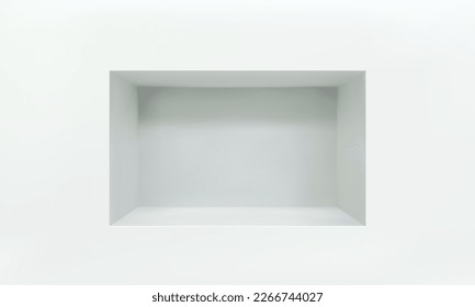 Empty niche or shelf on white wall 3D mockup. Shop, gallery plastic or wooden showcase to present product. Blank retail storage space. Interior design furniture. Living room bookshelf