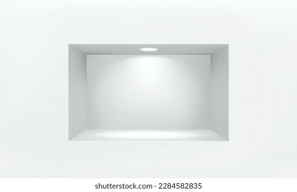 Nicho o estante vacíos en la pared blanca con luz de plomo en 3D burlándose. Compra, galería de plástico o vitrina de madera para presentar el producto. Espacio de almacenamiento comercial en blanco. Mobiliario de diseño interior. Librería de salón