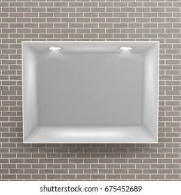 Empty Niche Vector. Realistic Brick Wall. Clean Shelf, Niche, Wall Showcase. Good For Presentations, Display Your Product. Illuminated Light Lamp